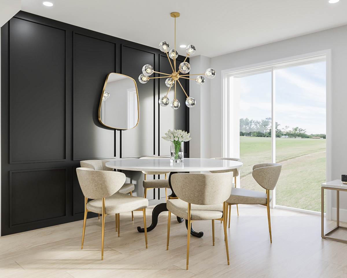 Open dining space with dark paneled millwork and large windows