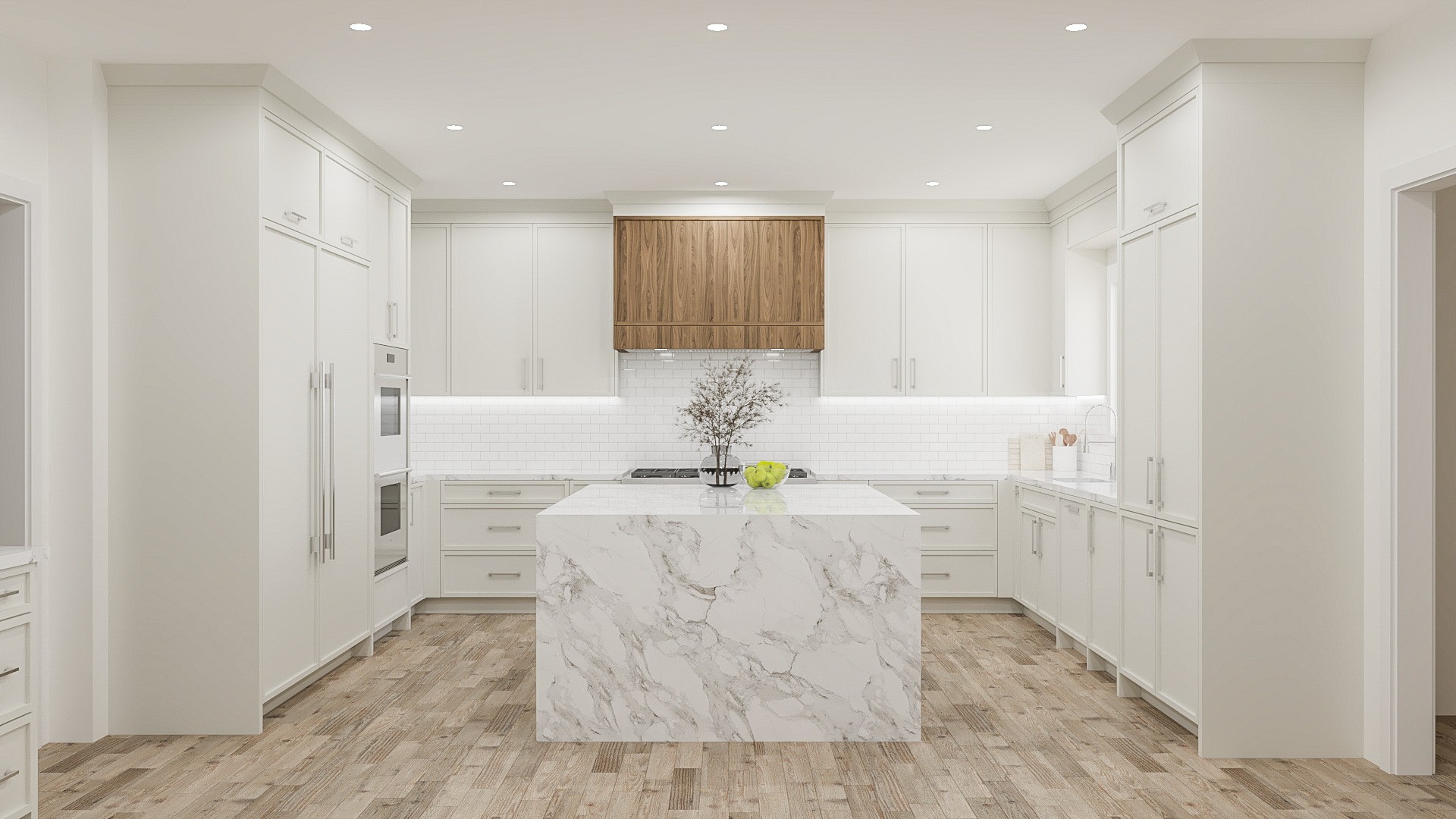 Bright kitchen visualization with white cabinetry, an oak range hood, and a waterfall island