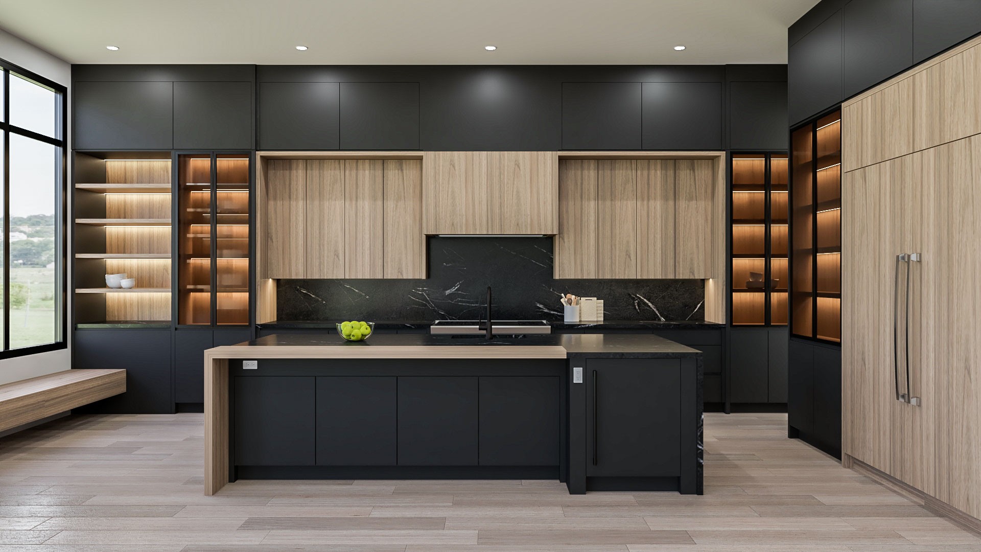 Photorealistic kitchen visualization with dark cabinetry, illuminated oak shelving, and a contrasting island